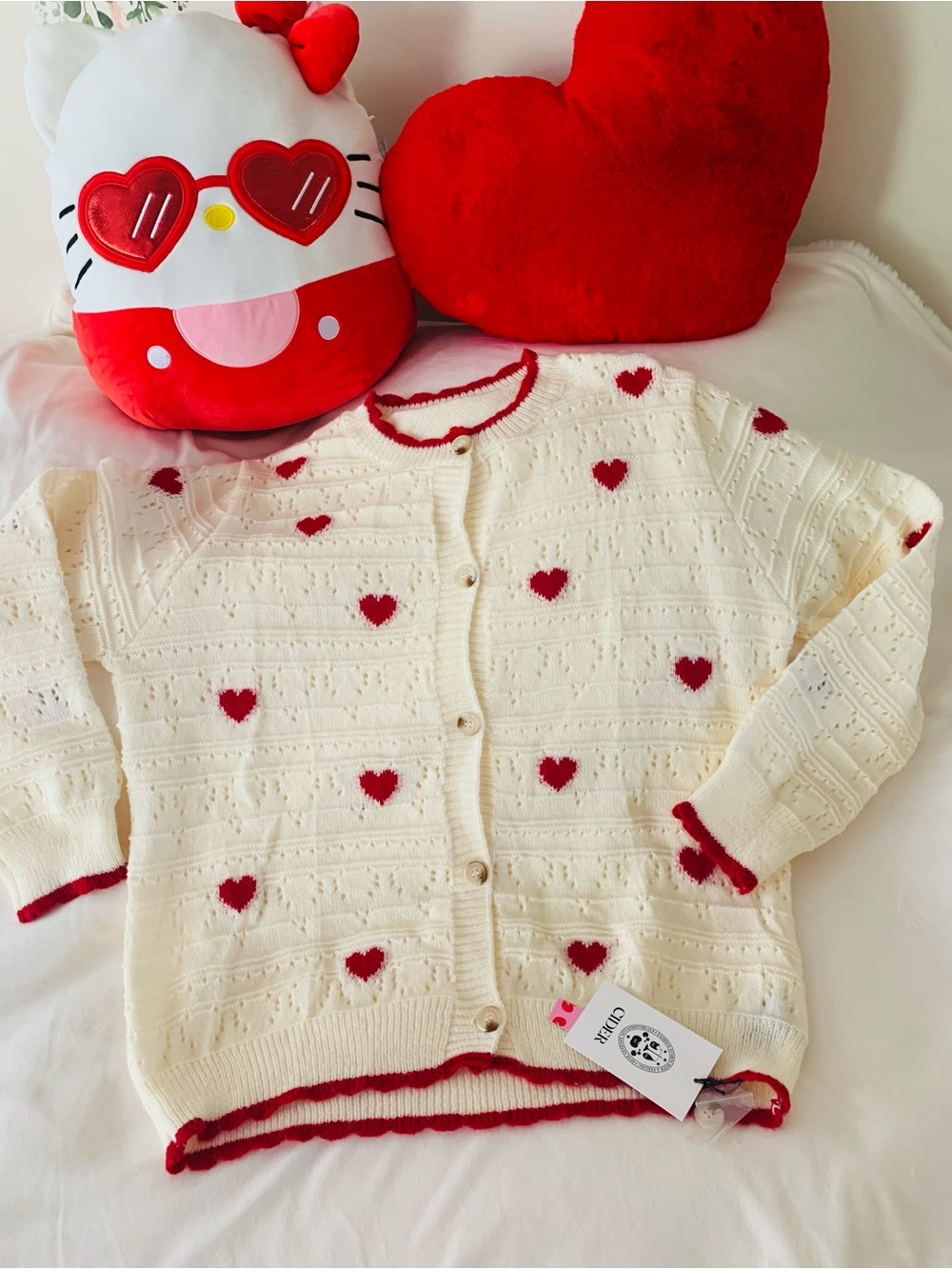 Cider Sweetheart Cardigan Ivory Red Heart Button Front NWT Size L